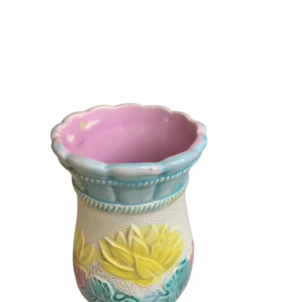 Antique‎ Majolica Water Lily Pond Vase 5.5 Inch High Repaired Vivid